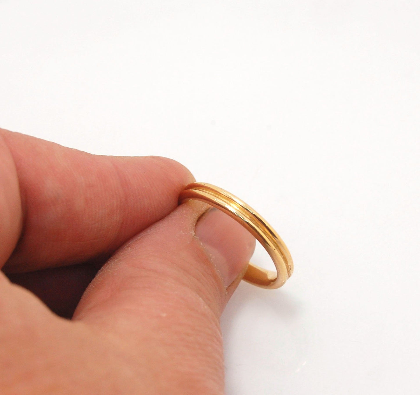 2 Rim 3.3mm Wide Band - Sterling silver, 14k or 18k yellow gold This is a narrow, 3.3mm, 2 rim band cast from a wax carving turned on a lathe. These are so much fun to make and I have several variations of different rims and widths available. I then take