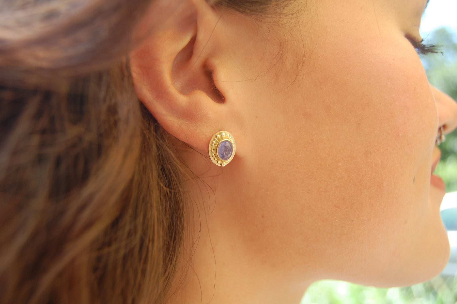 Tanzanite Oval Cabochon 18k Gold Granulated Post Earrings with 14k gold ear nuts I double love this color combination! These luminous, translucent tanzanites look terrific with the juicy 18k gold, especially with this finish. Tanzanite oval cabochons are