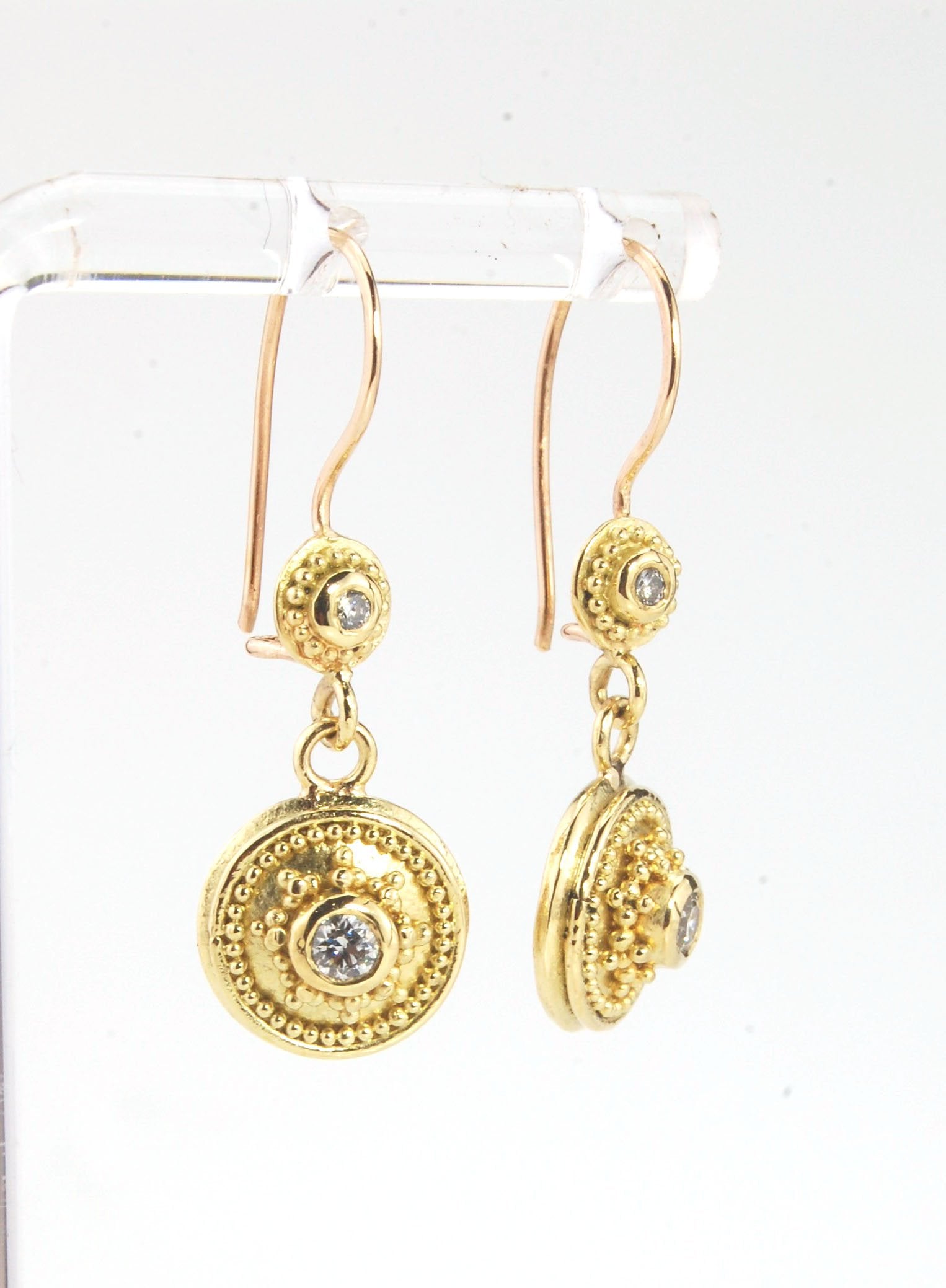 18k gold Double Diamond Dome Dangle Earrings - 18k Gold Granulation with french wire clasps These Double Diamond Dome Dangle Earrings are Classically-inspired 18k granulation. With 4 ethically-mined diamonds, 2 x .12ct , 3.2mm, Sl1, G, full-cut, round dia