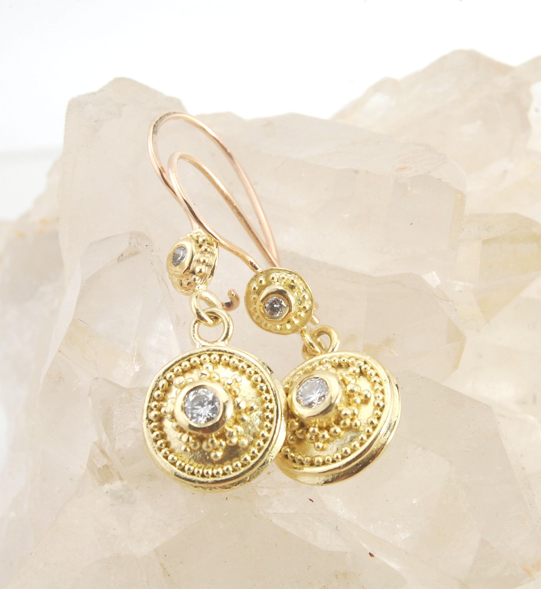 18k gold Double Diamond Dome Dangle Earrings - 18k Gold Granulation with french wire clasps These Double Diamond Dome Dangle Earrings are Classically-inspired 18k granulation. With 4 ethically-mined diamonds, 2 x .12ct , 3.2mm, Sl1, G, full-cut, round dia