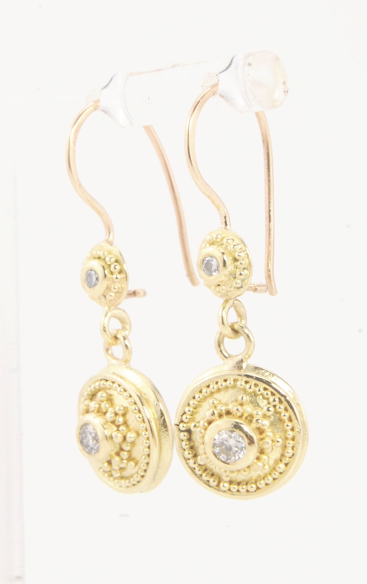 18k gold Double Diamond Dome Dangle Earrings - 18k Gold Granulation with french wire clasps These Double Diamond Dome Dangle Earrings are Classically-inspired 18k granulation. With 4 ethically-mined diamonds, 2 x .12ct , 3.2mm, Sl1, G, full-cut, round dia