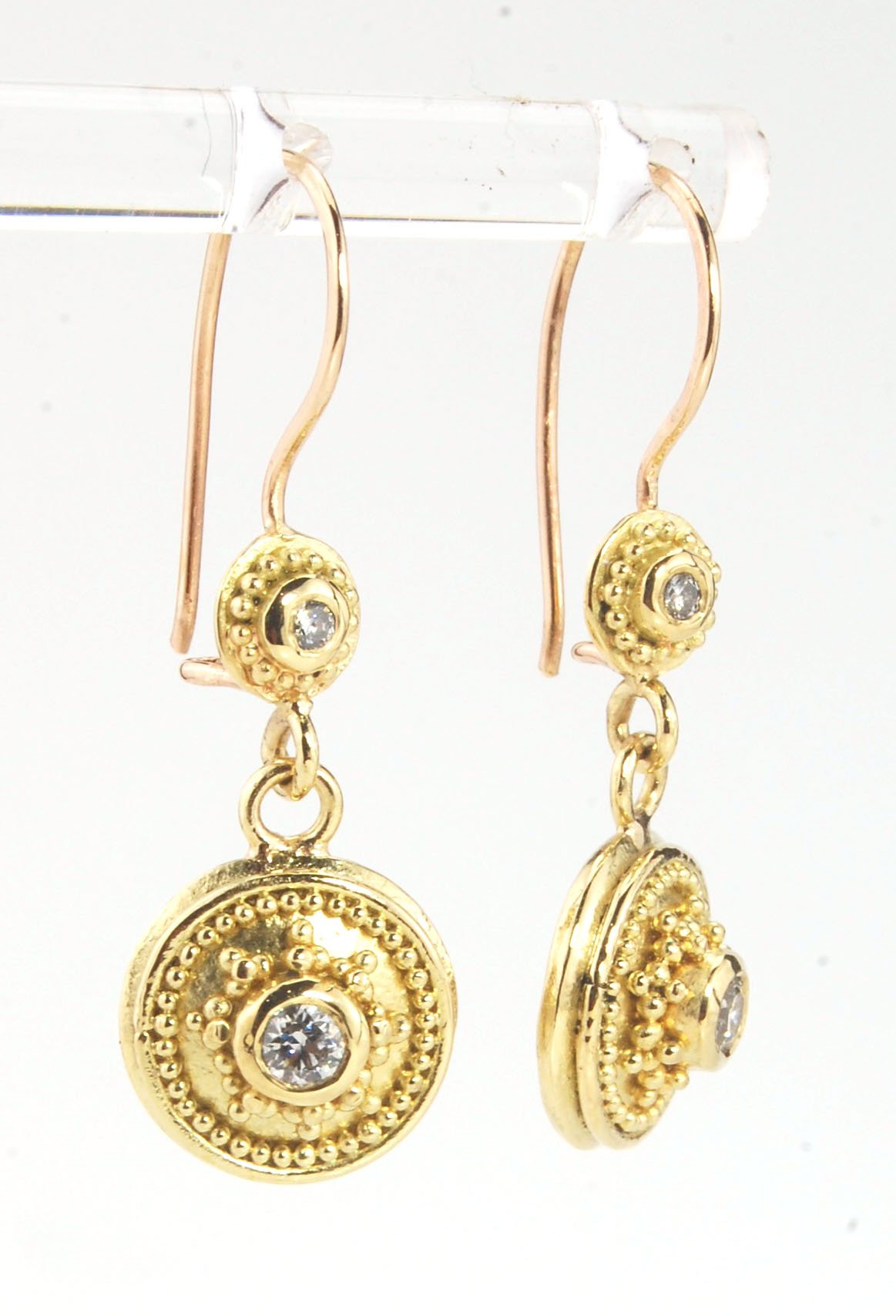 18k gold Double Diamond Dome Dangle Earrings - 18k Gold Granulation with french wire clasps These Double Diamond Dome Dangle Earrings are Classically-inspired 18k granulation. With 4 ethically-mined diamonds, 2 x .12ct , 3.2mm, Sl1, G, full-cut, round dia