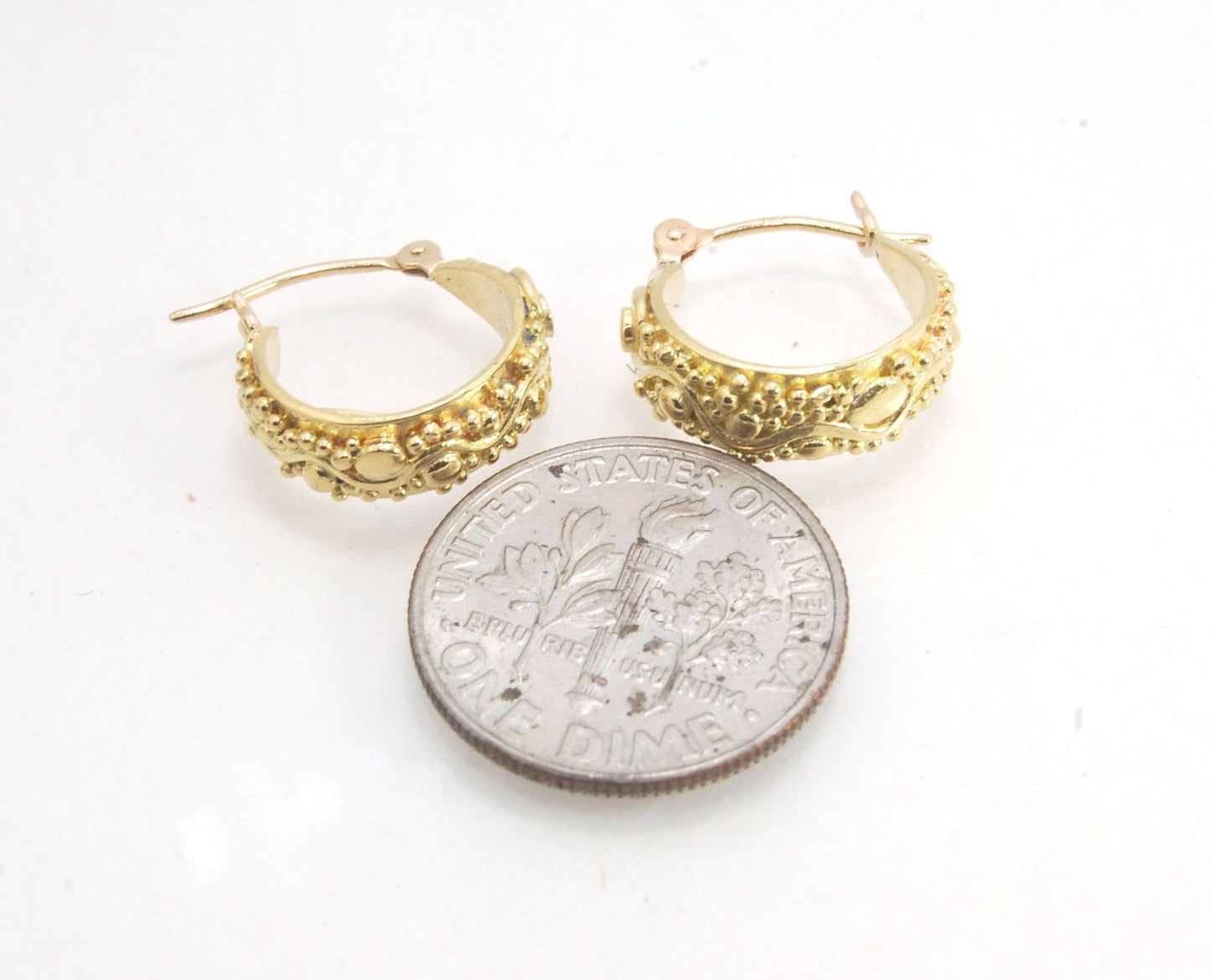 18k Green Gold Starry Night Hoops These are super sweet one of a kind granulated hoops in small batch alloyed Green 18k Gold Granulation. They are a perfect size to wear all the time! The granulation pattern has an undulating line with large and small gra