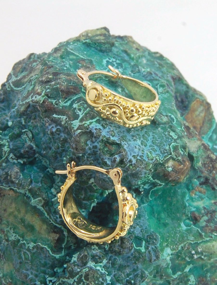 18k Green Gold Starry Night Hoops These are super sweet one of a kind granulated hoops in small batch alloyed Green 18k Gold Granulation. They are a perfect size to wear all the time! The granulation pattern has an undulating line with large and small gra