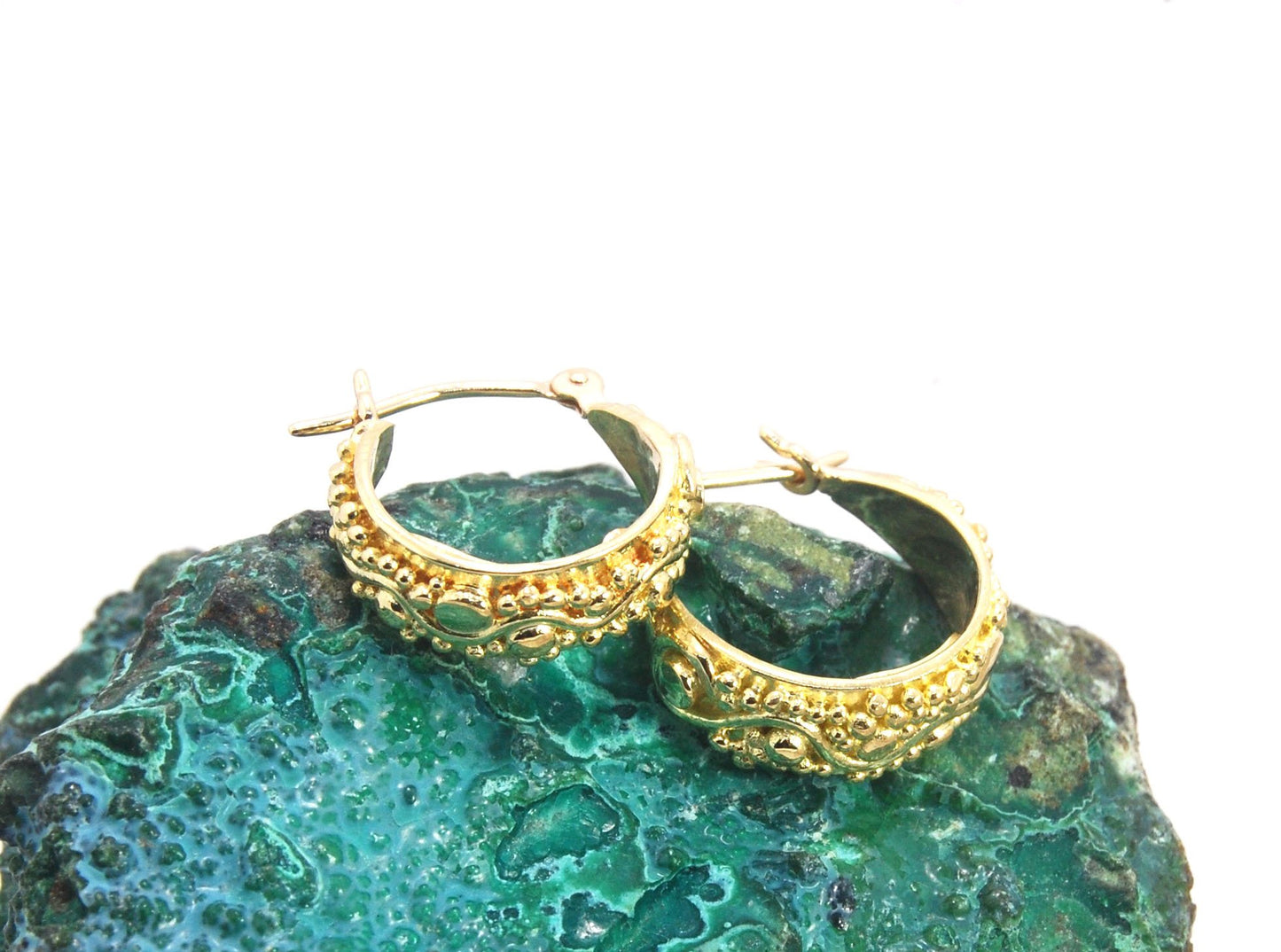 18k Green Gold Starry Night Hoops These are super sweet one of a kind granulated hoops in small batch alloyed Green 18k Gold Granulation. They are a perfect size to wear all the time! The granulation pattern has an undulating line with large and small gra