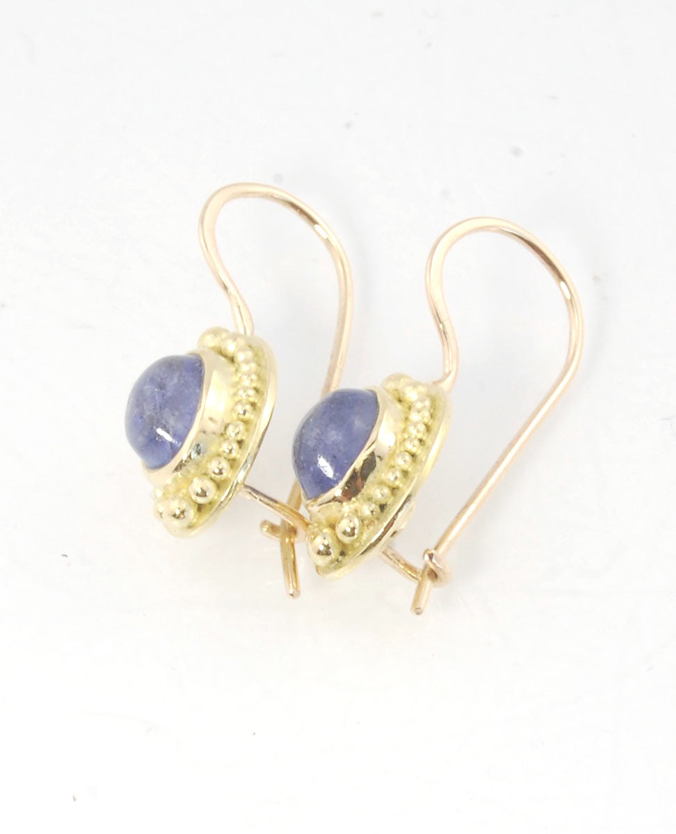 Tanzanite Oval Cabochon 18k Gold Granulated French Safety clasp Earrings