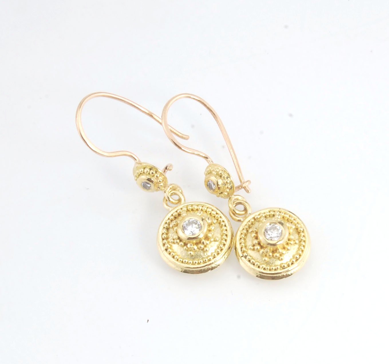 18k gold Double Diamond Dome Dangle Earrings - 18k Gold Granulation with french wire clasps These Double Diamond Dome Dangle Earrings are Classically-inspired 18k granulation. With 4 ethically-mined diamonds, 2 x .12ct , 3.2mm, Sl1, G, full-cut, round dia