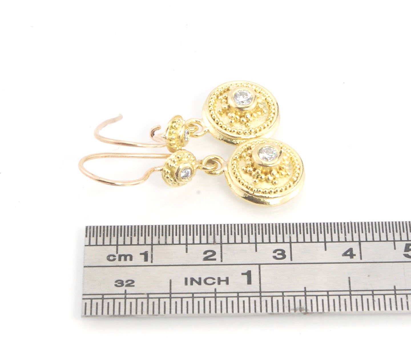 18k gold Double Diamond Dome Dangle Earrings - 18k Gold Granulation with french wire clasps These Double Diamond Dome Dangle Earrings are Classically-inspired 18k granulation. With 4 ethically-mined diamonds, 2 x .12ct , 3.2mm, Sl1, G, full-cut, round dia