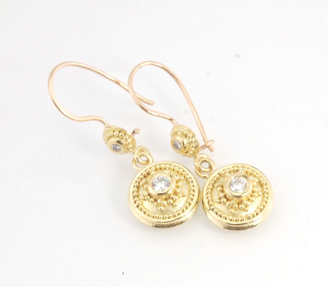 18k gold Double Diamond Dome Dangle Earrings - 18k Gold Granulation with french wire clasps These Double Diamond Dome Dangle Earrings are Classically-inspired 18k granulation. With 4 ethically-mined diamonds, 2 x .12ct , 3.2mm, Sl1, G, full-cut, round dia