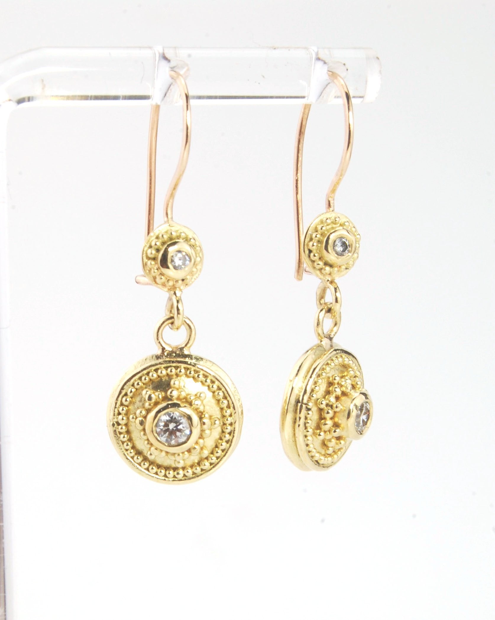 18k gold Double Diamond Dome Dangle Earrings - 18k Gold Granulation with french wire clasps These Double Diamond Dome Dangle Earrings are Classically-inspired 18k granulation. With 4 ethically-mined diamonds, 2 x .12ct , 3.2mm, Sl1, G, full-cut, round dia