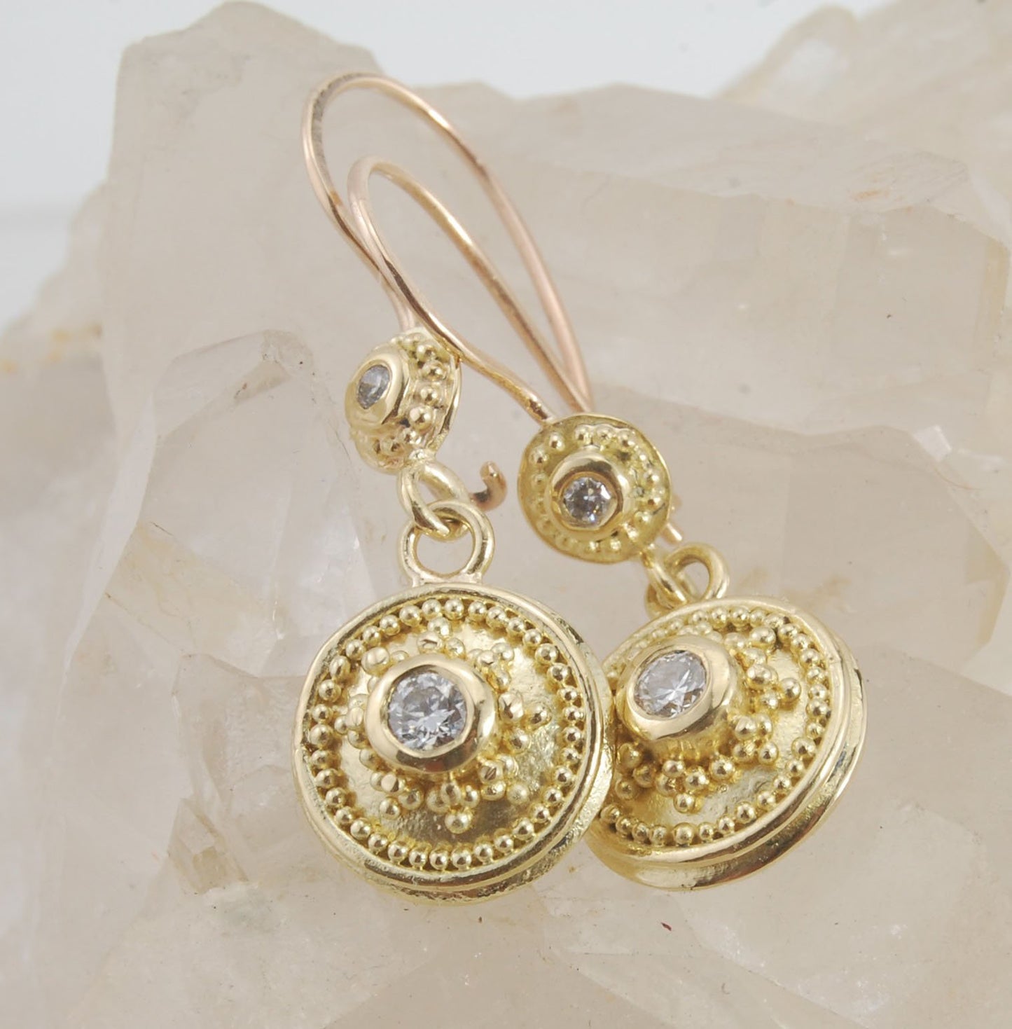 18k gold Double Diamond Dome Dangle Earrings - 18k Gold Granulation with french wire clasps These Double Diamond Dome Dangle Earrings are Classically-inspired 18k granulation. With 4 ethically-mined diamonds, 2 x .12ct , 3.2mm, Sl1, G, full-cut, round dia