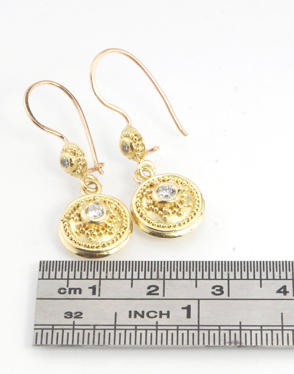 18k gold Double Diamond Dome Dangle Earrings - 18k Gold Granulation with french wire clasps These Double Diamond Dome Dangle Earrings are Classically-inspired 18k granulation. With 4 ethically-mined diamonds, 2 x .12ct , 3.2mm, Sl1, G, full-cut, round dia