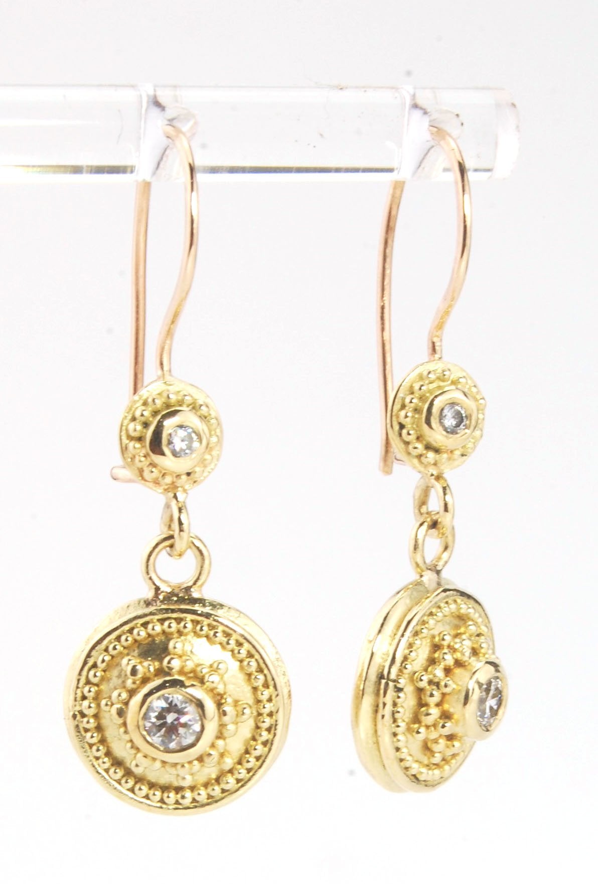 18k gold Double Diamond Dome Dangle Earrings - 18k Gold Granulation with french wire clasps These Double Diamond Dome Dangle Earrings are Classically-inspired 18k granulation. With 4 ethically-mined diamonds, 2 x .12ct , 3.2mm, Sl1, G, full-cut, round dia