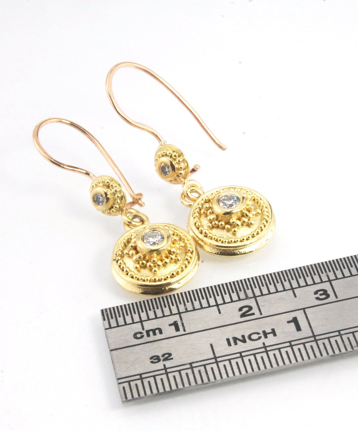 18k gold Double Diamond Dome Dangle Earrings - 18k Gold Granulation with french wire clasps These Double Diamond Dome Dangle Earrings are Classically-inspired 18k granulation. With 4 ethically-mined diamonds, 2 x .12ct , 3.2mm, Sl1, G, full-cut, round dia