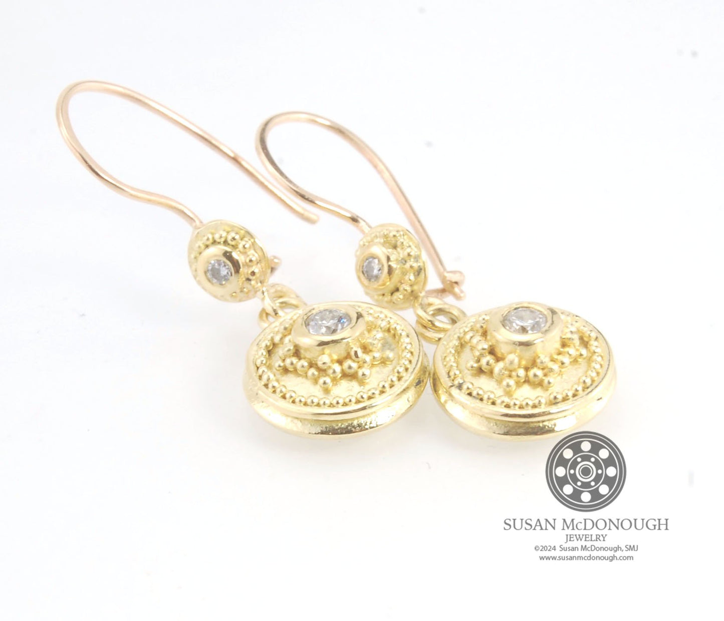 18k gold Double Diamond Dome Dangle Earrings - 18k Gold Granulation with french wire clasps These Double Diamond Dome Dangle Earrings are Classically-inspired 18k granulation. With 4 ethically-mined diamonds, 2 x .12ct , 3.2mm, Sl1, G, full-cut, round dia