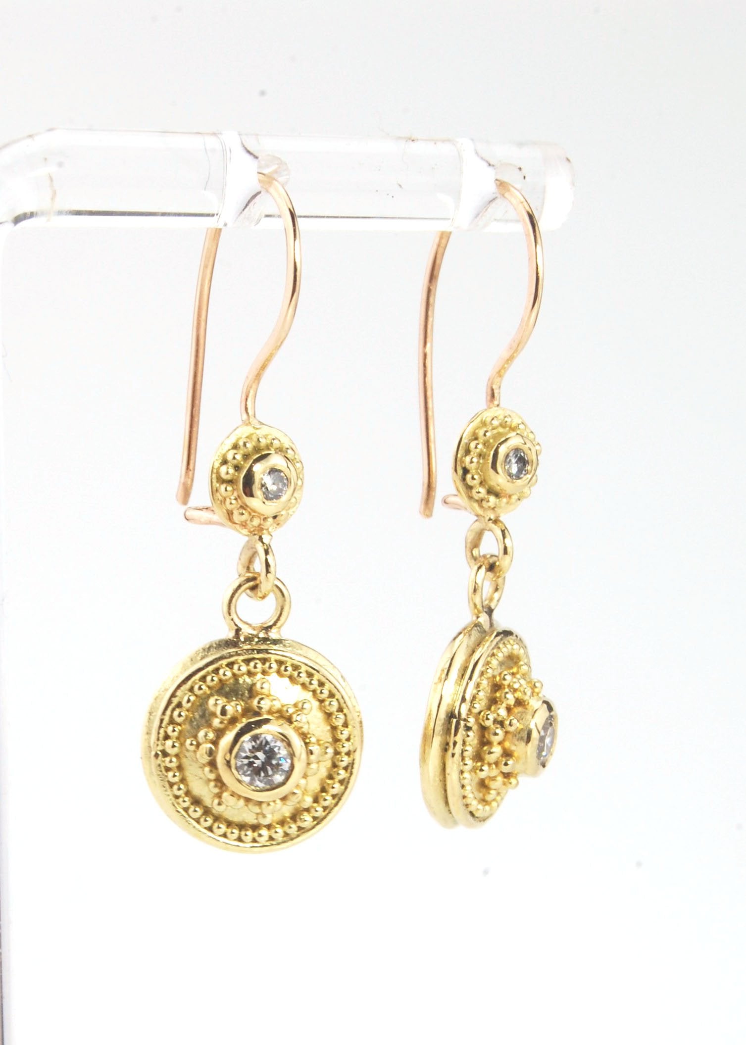 18k gold Double Diamond Dome Dangle Earrings - 18k Gold Granulation with french wire clasps These Double Diamond Dome Dangle Earrings are Classically-inspired 18k granulation. With 4 ethically-mined diamonds, 2 x .12ct , 3.2mm, Sl1, G, full-cut, round dia