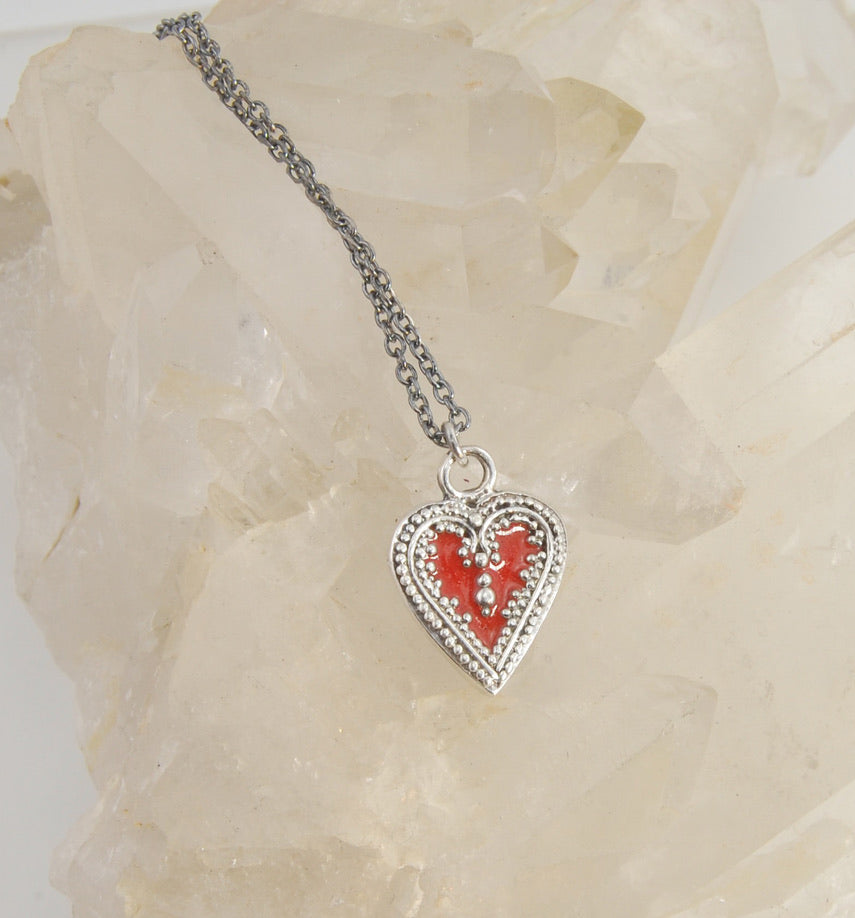 Enameled Victorian Heart Cast Granulation Sterling Silver Pendant