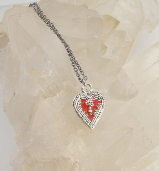 Enameled Victorian Heart Cast Granulation Sterling Silver Pendant