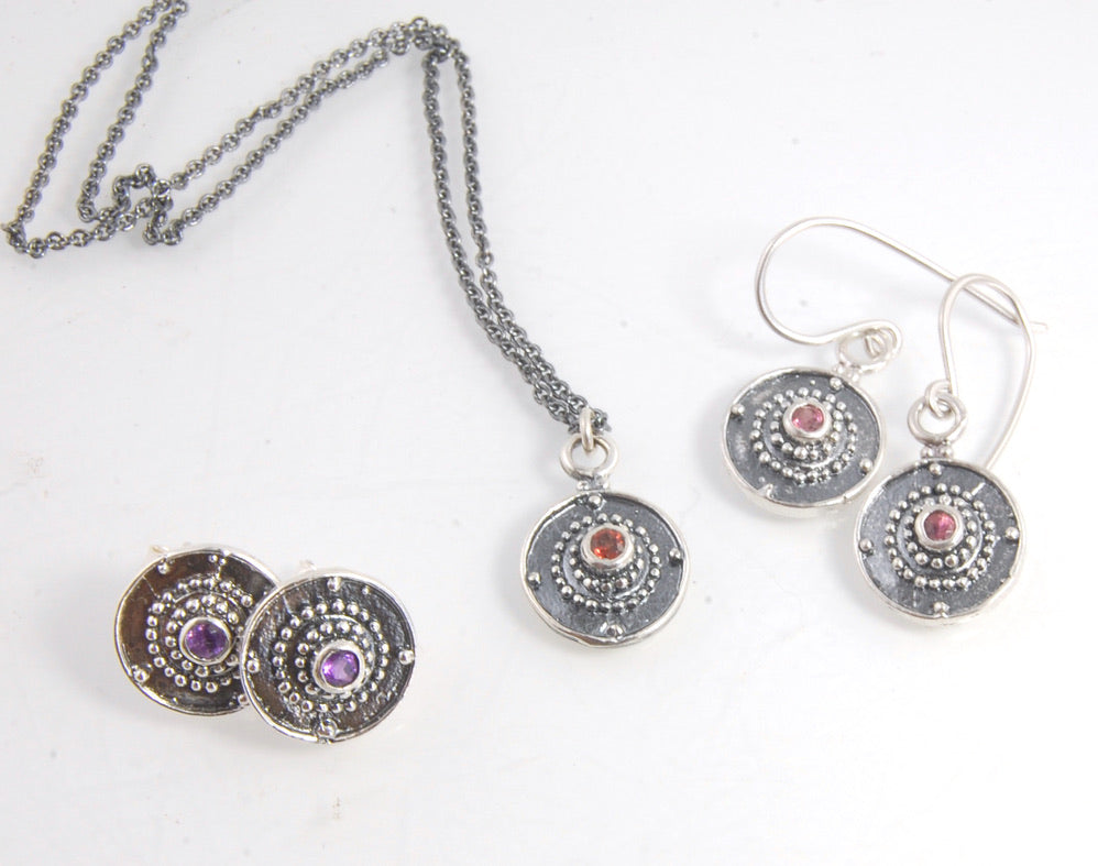 Shield Pendant in Sterling with Pink Garnet, Red Garnet, Blue Topaz, Peridot, or Amethyst