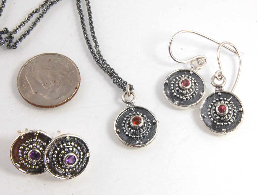 Shield Pendant in Sterling with Pink Garnet, Red Garnet, Blue Topaz, Peridot, or Amethyst