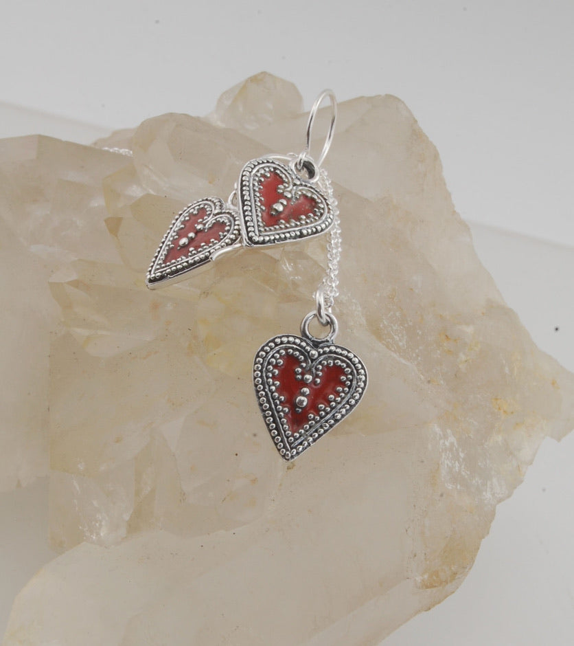 Enameled Victorian Heart Cast Granulation Sterling Silver Pendant