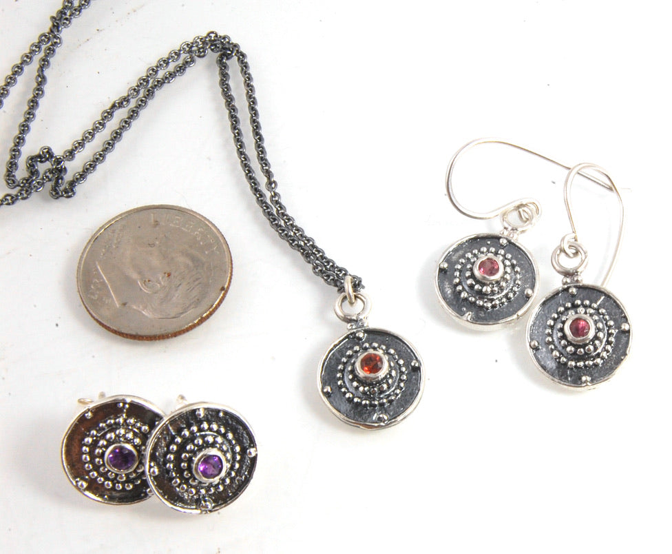 Shield Pendant in Sterling with Pink Garnet, Red Garnet, Blue Topaz, Peridot, or Amethyst