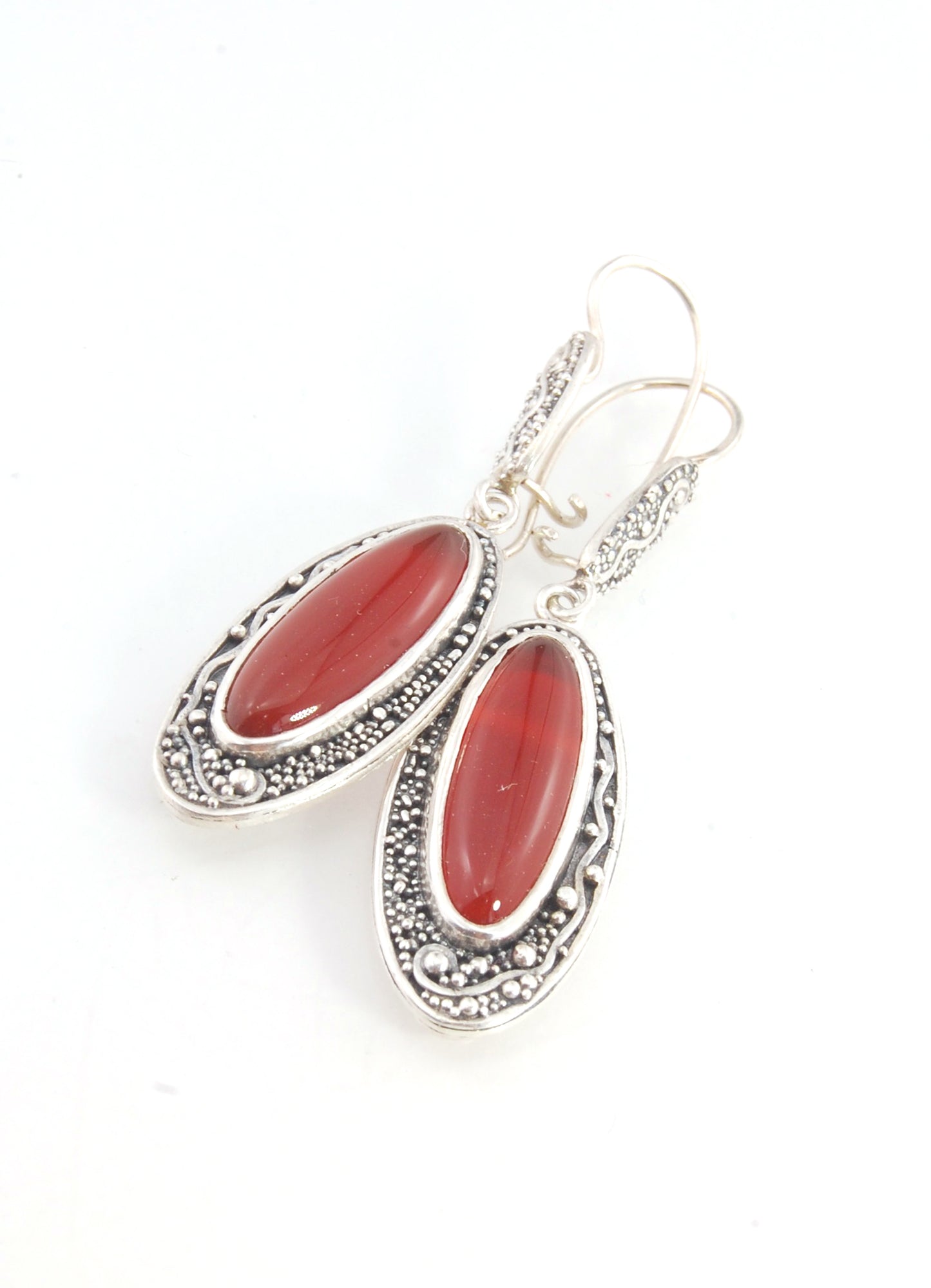 Carnelian Long Dangle Earrings with Fine Silver Granulation