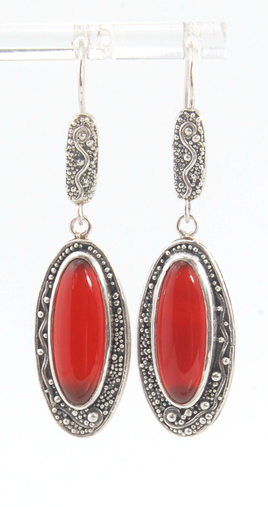 Carnelian Long Dangle Earrings with Fine Silver Granulation