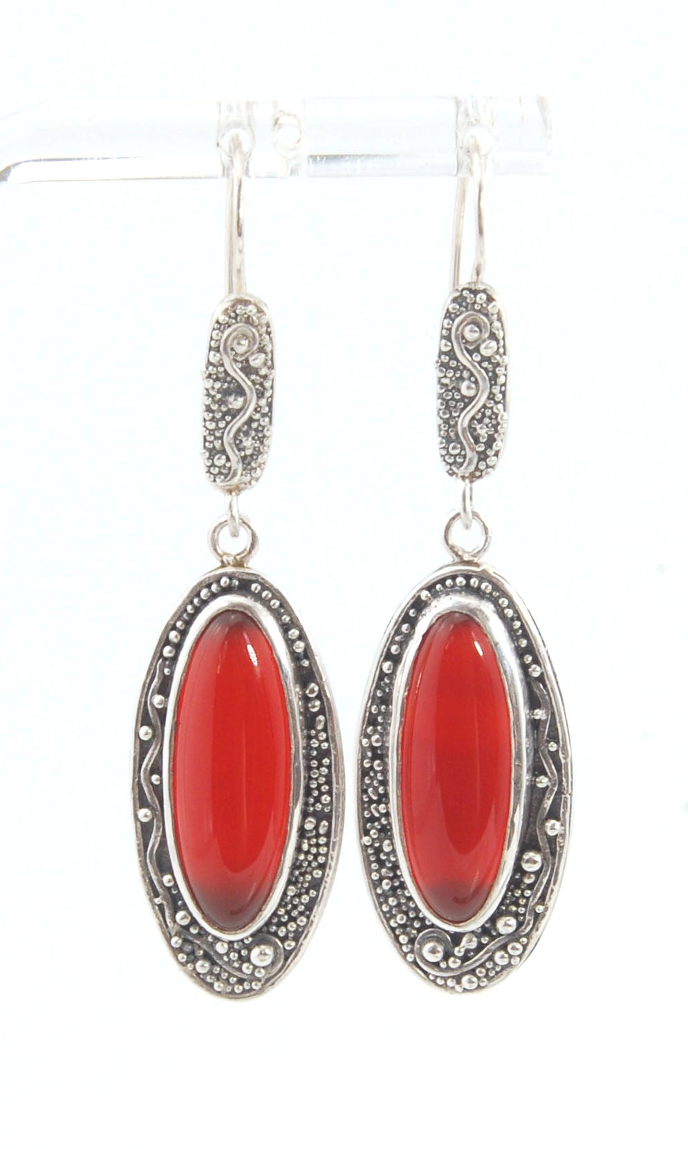 Carnelian Long Dangle Earrings with Fine Silver Granulation