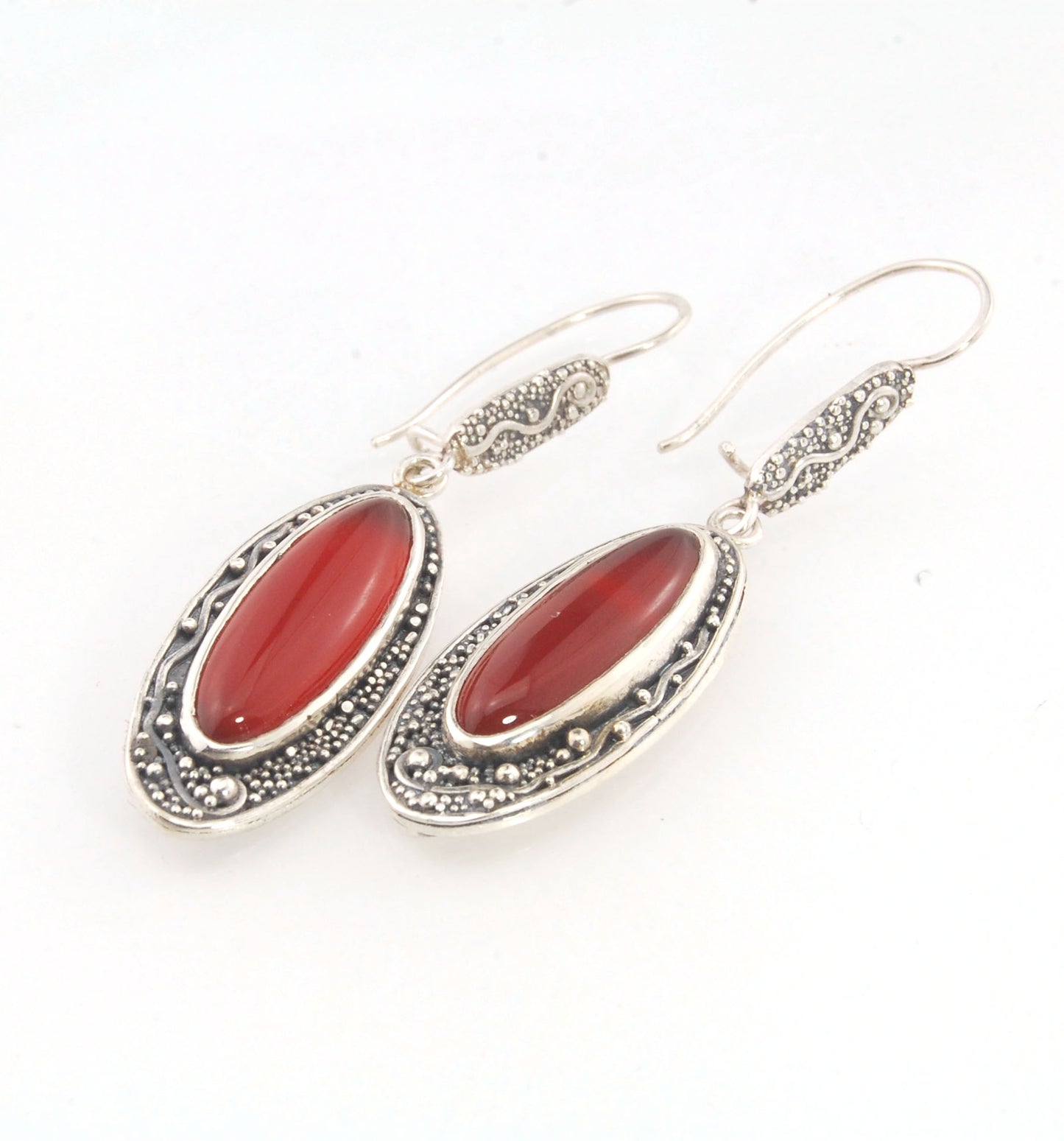 Carnelian Long Dangle Earrings with Fine Silver Granulation