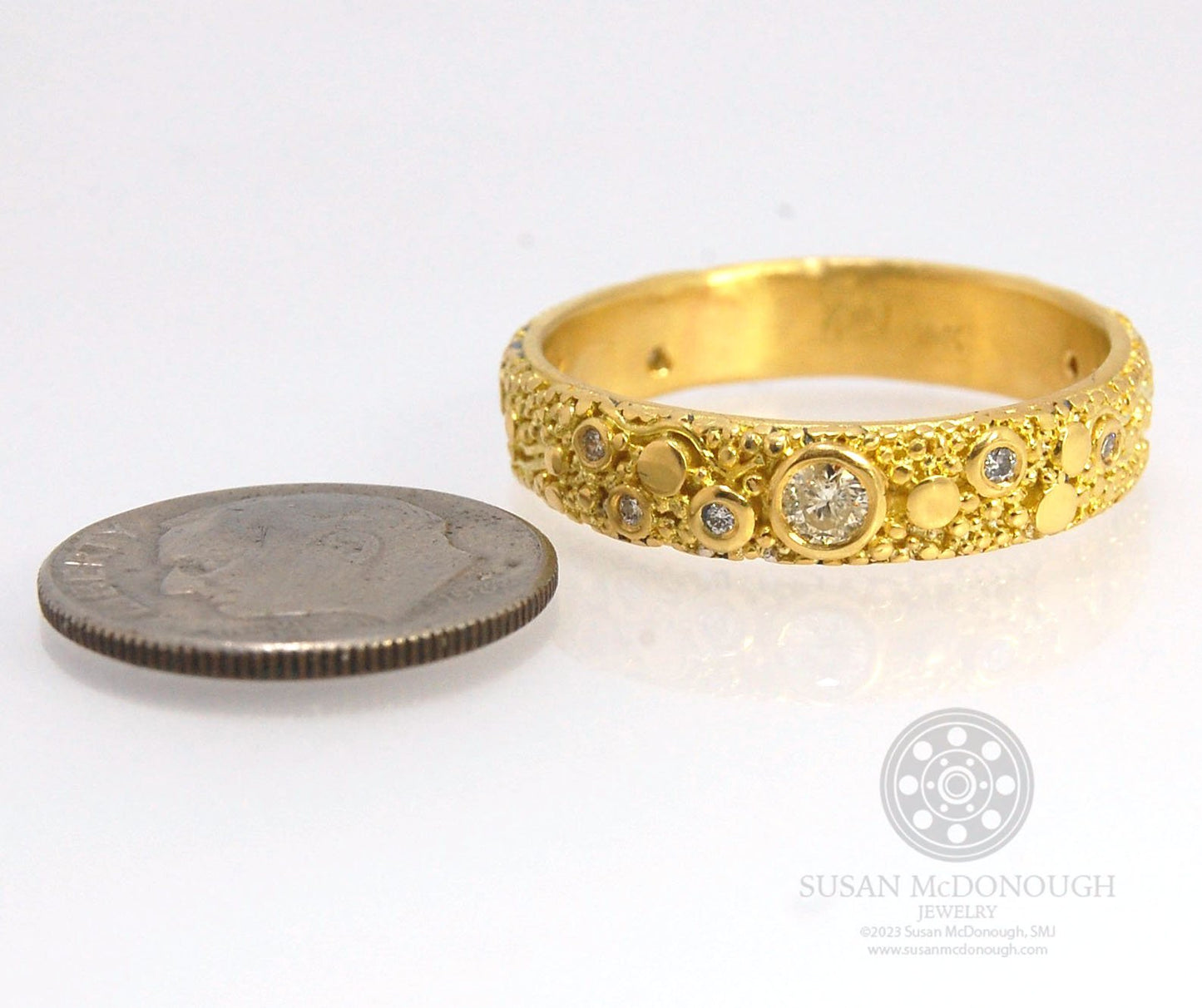 Balance and Flow Band 18k Granulation with 9 Diamonds - Made to Order This is a one-of-a-kind 18k gold and Diamond band made special just for you! The pattern is a balance of twining lines and granules and slices of cylinder ingots to make settings for ni