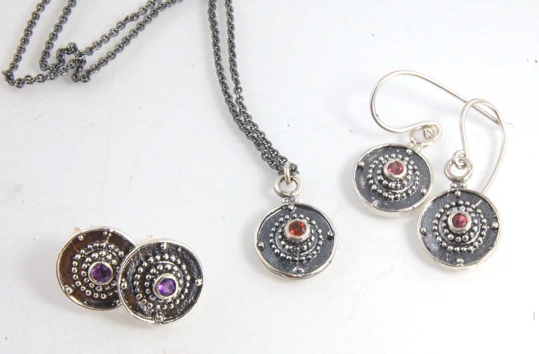 Shield Pendant in Sterling with Pink Garnet, Red Garnet, Blue Topaz, Peridot, or Amethyst