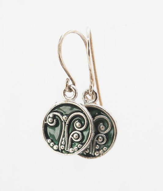 Enameled Sterling Fern Earrings -Circle -Medium These are my medium fern circles and they can be enameled in 8 colors for you!Prussian Blue, Icy Blue, Turquoise, Oil Gray, Forest Green, Jade Green, Sage Green or Periwinkle BlueGreen.These enameled 11mm ov