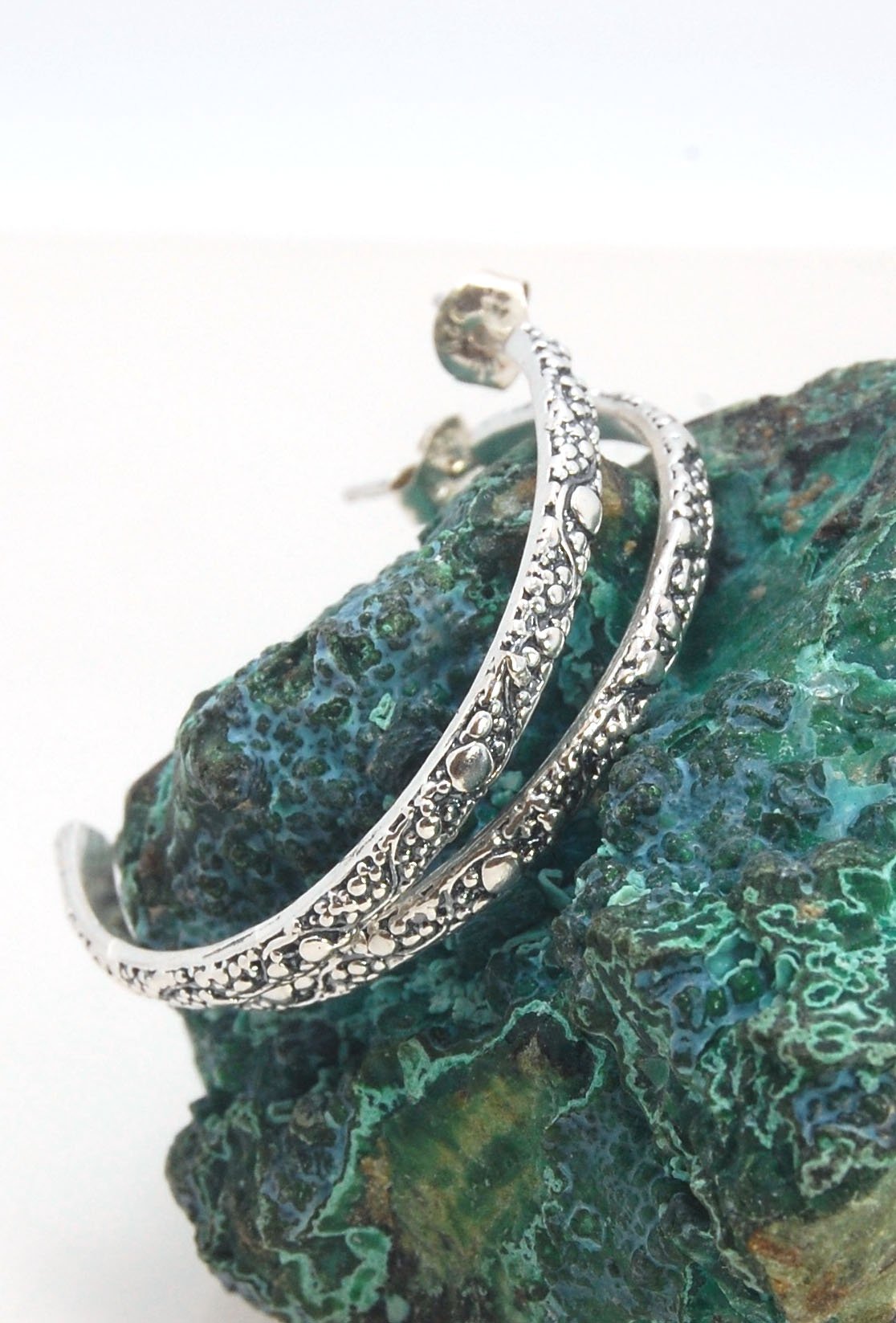 Milky Way Crescent Posts - Sterling - Large These post earrings in the form of a large crescent are made from my Milkyway pattern with heavy granules and ingot slices. These earrings have a post and ear nut.I made the original band in Fine silver using th