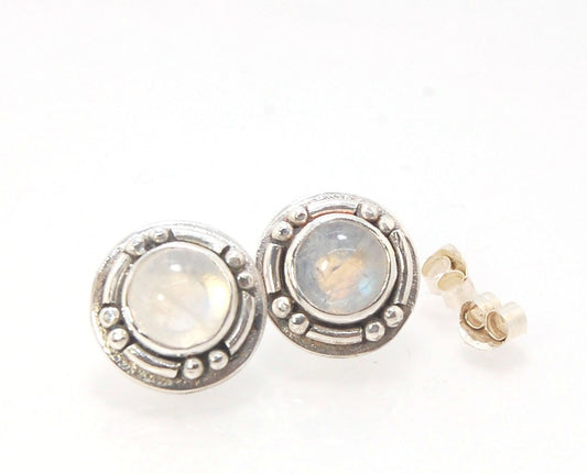 Moonstone Double Dot Dash post earrings - Fine Silver These terrifically luminous round moonstone cabochons are bezel set in heavy double dot dash granulation. Granulation is a controlled fusing process that has been utilized for thousands of years! Using