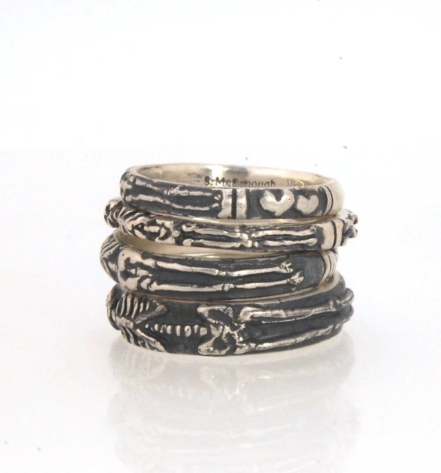 Oxidized Memento Mori Skeleton Ring - Wide 5.5m - Sterling SIlver This is the widest of my Memento Mori rings at 5.5mm wide. The skeleton spans the majority of the band, so I think the smallest I can make this ring without cutting off the design is a size