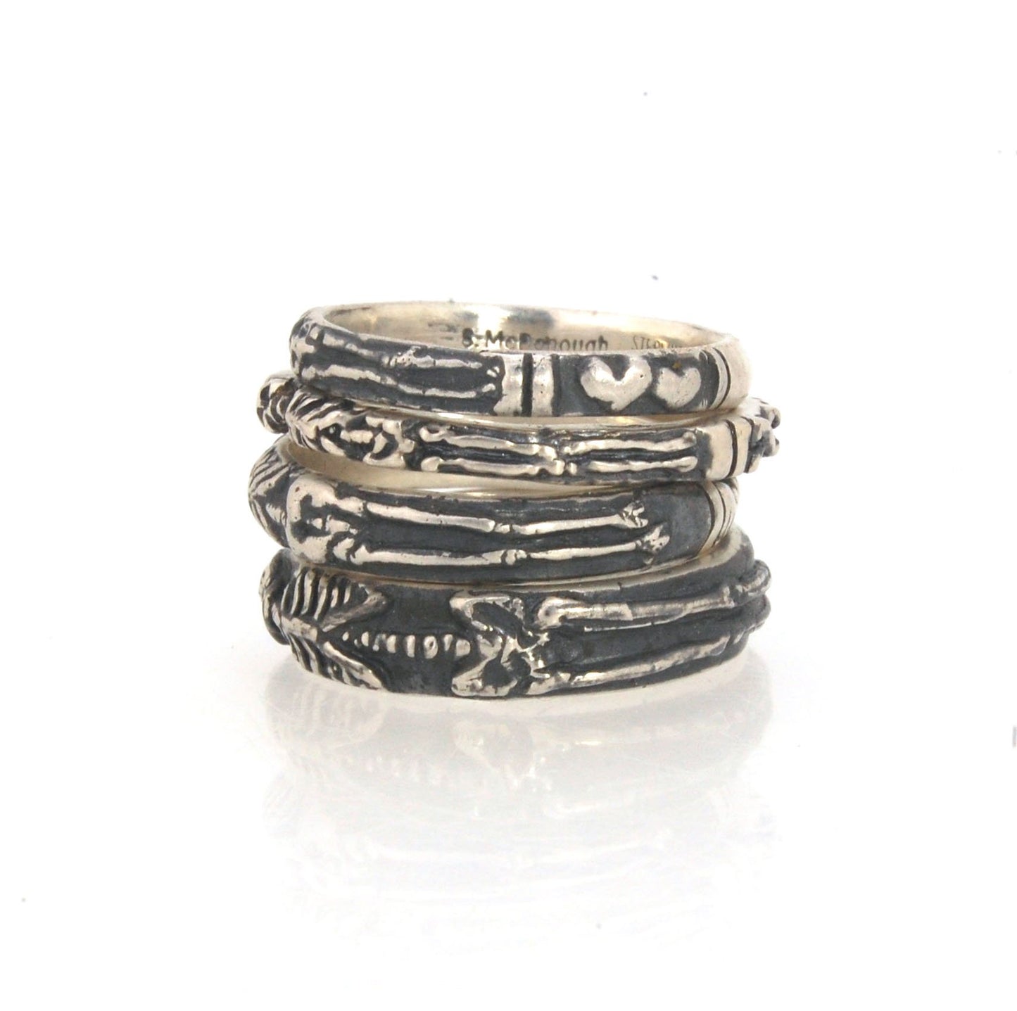 Oxidized Memento Mori Skeleton Ring - Wide 5.5m - Sterling SIlver This is the widest of my Memento Mori rings at 5.5mm wide. The skeleton spans the majority of the band, so I think the smallest I can make this ring without cutting off the design is a size