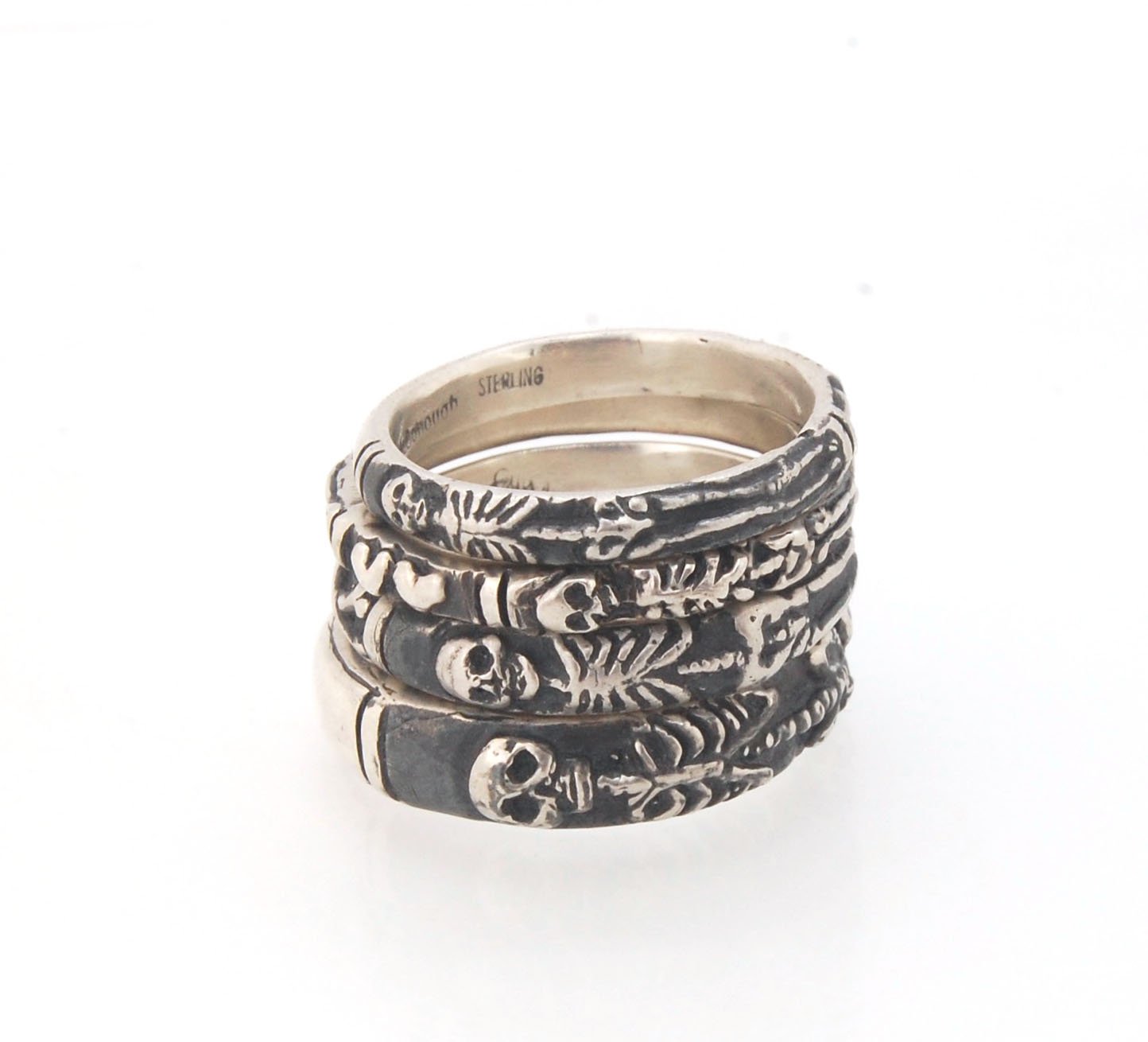 Oxidized Memento Mori Skeleton Ring - Wide 5.5m - Sterling SIlver This is the widest of my Memento Mori rings at 5.5mm wide. The skeleton spans the majority of the band, so I think the smallest I can make this ring without cutting off the design is a size