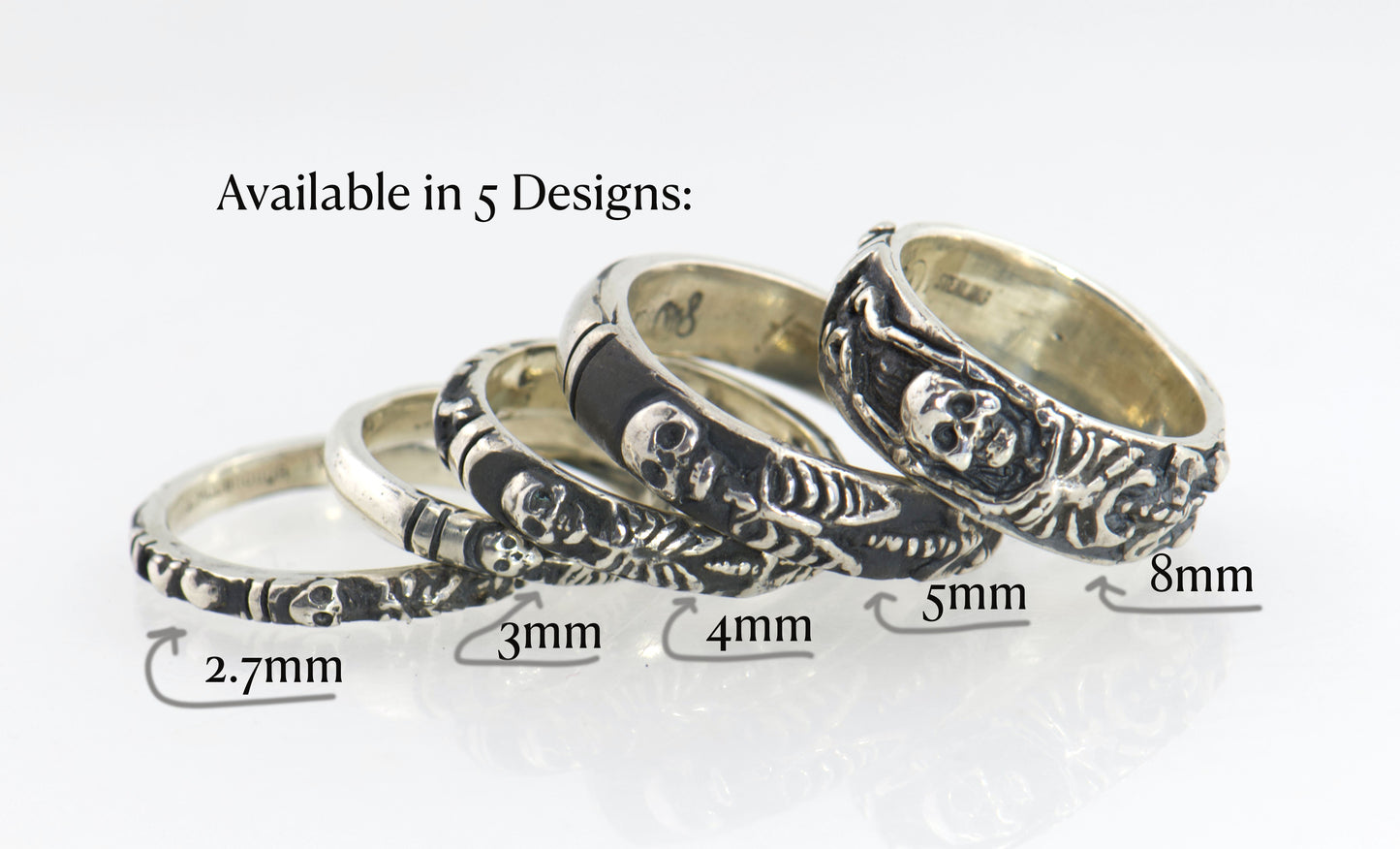 Oxidized Memento Mori Skeleton Ring in Sterling -2.7mm-8mm - Choose from 5 Designs