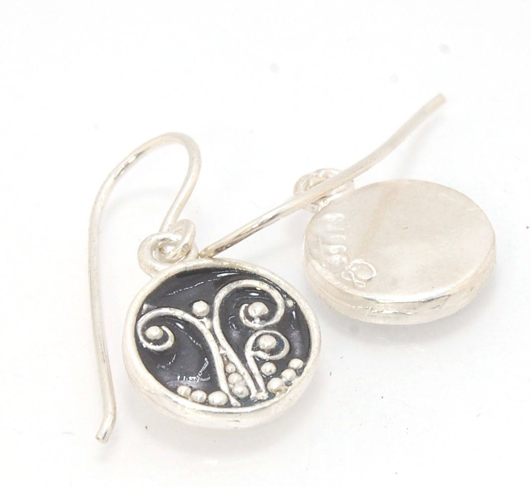 Black Enameled Sterling Fern Circle Earrings - 12mm cast granulation,Enameled,Enameled earrings,fine silver granulation,silver,vitreous enamel,Yellow These small silver earrings are enameled in dark black!These are cast from a wax mold of a granulated fer