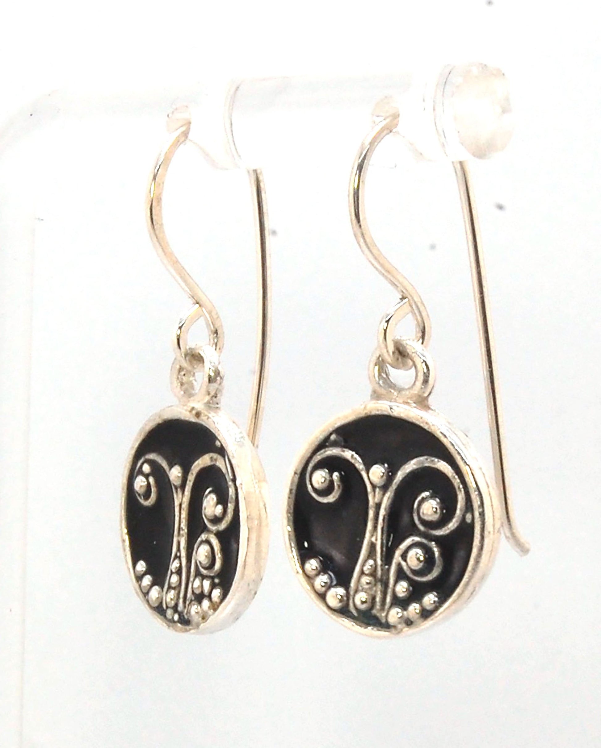 Black Enameled Sterling Fern Circle Earrings - 12mm cast granulation,Enameled,Enameled earrings,fine silver granulation,silver,vitreous enamel,Yellow These small silver earrings are enameled in dark black!These are cast from a wax mold of a granulated fer