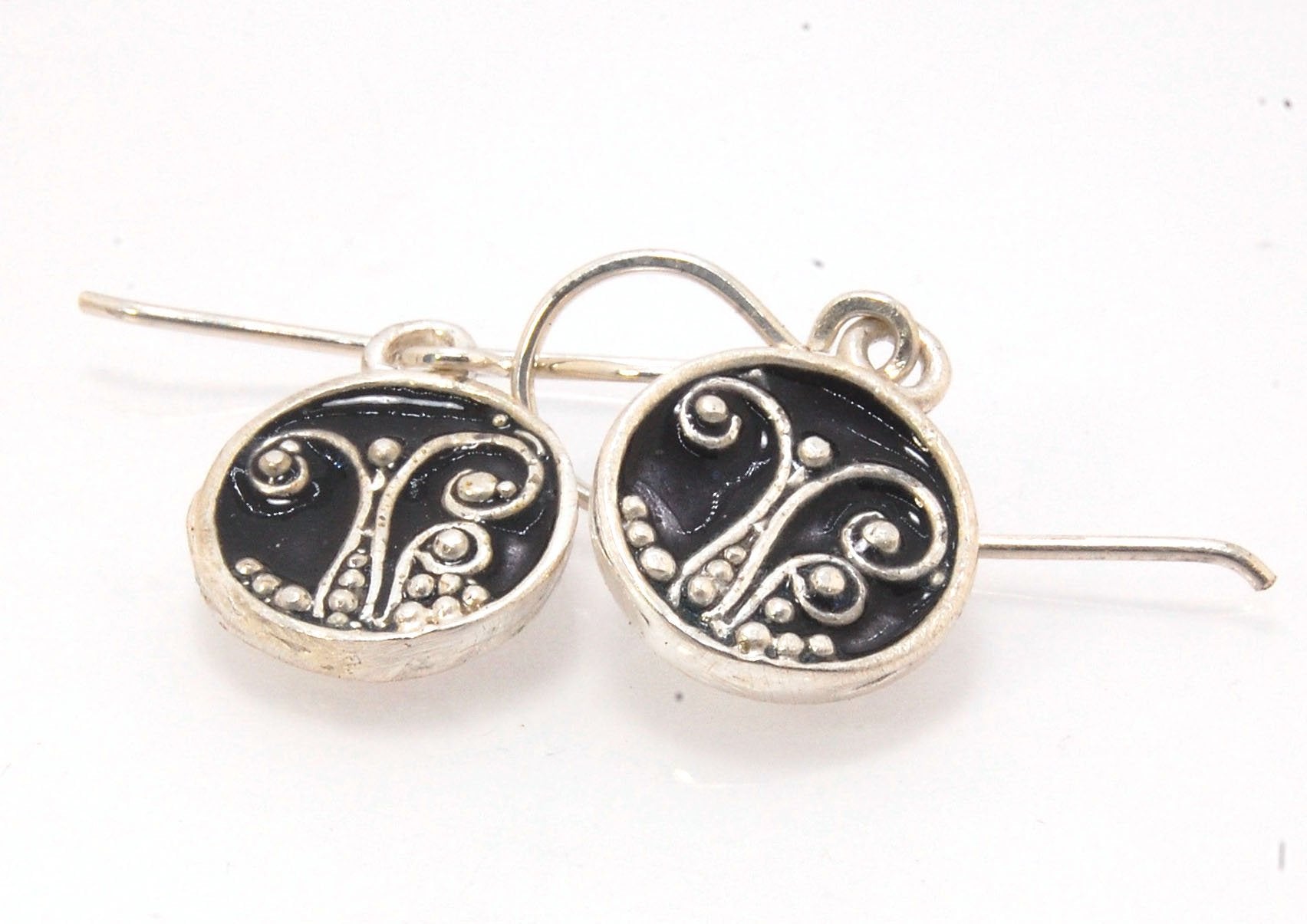 Black Enameled Sterling Fern Circle Earrings - 12mm cast granulation,Enameled,Enameled earrings,fine silver granulation,silver,vitreous enamel,Yellow These small silver earrings are enameled in dark black!These are cast from a wax mold of a granulated fer