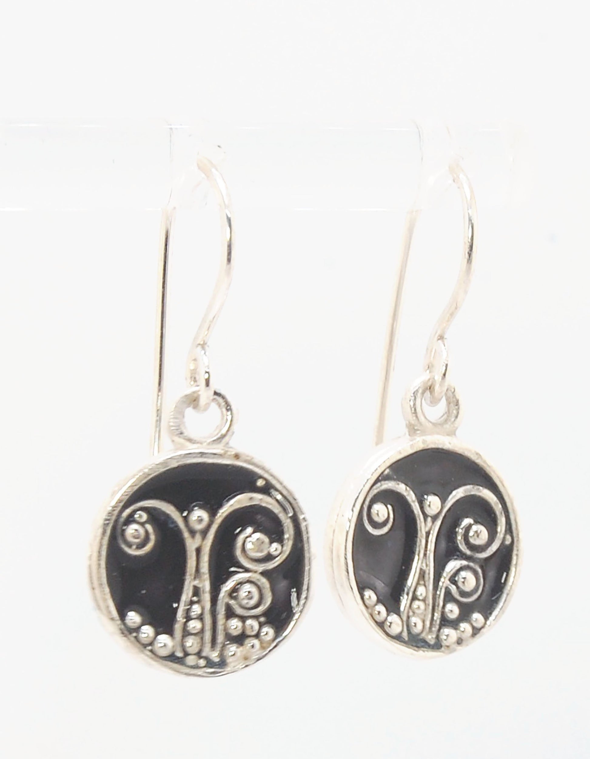 Black Enameled Sterling Fern Circle Earrings - 12mm cast granulation,Enameled,Enameled earrings,fine silver granulation,silver,vitreous enamel,Yellow These small silver earrings are enameled in dark black!These are cast from a wax mold of a granulated fer