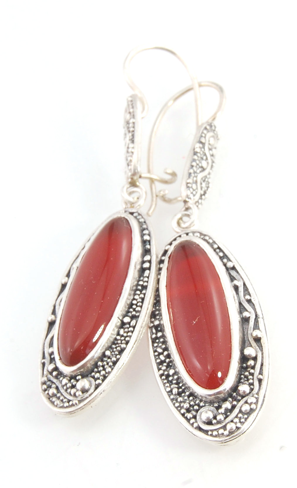 Carnelian Long Dangle Earrings with Fine Silver Granulation