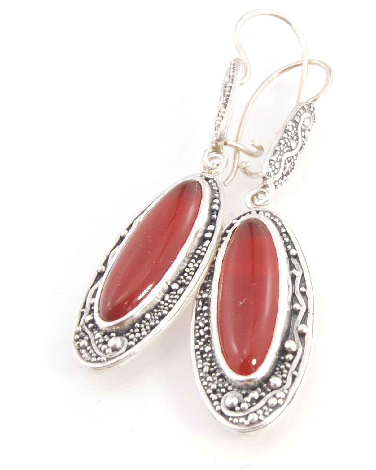 Carnelian Long Dangle Earrings with Fine Silver Granulation