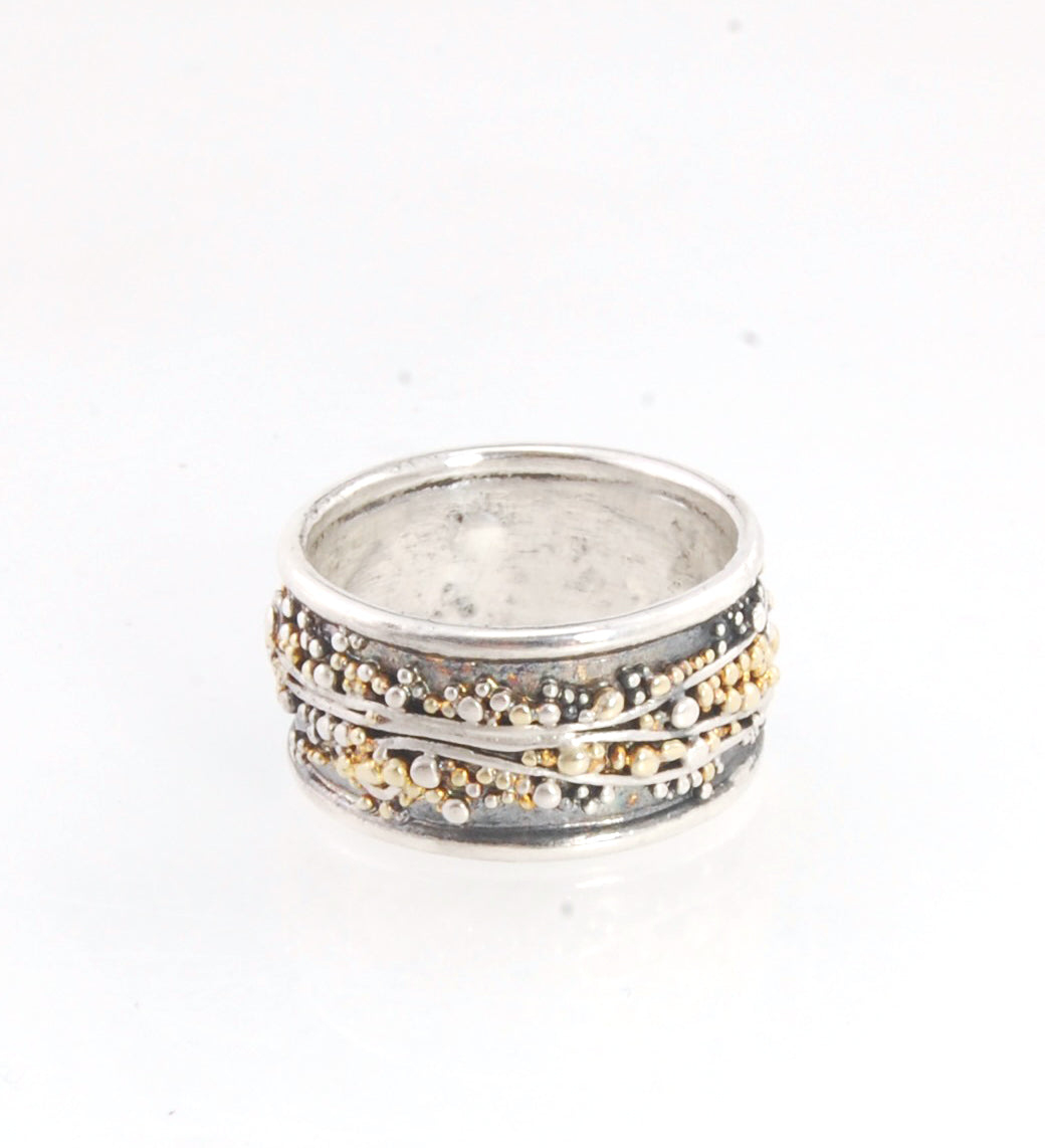 Cosmic Waves 18k and Fine Silver Granulation Ring   - 7mm or 11mm wide