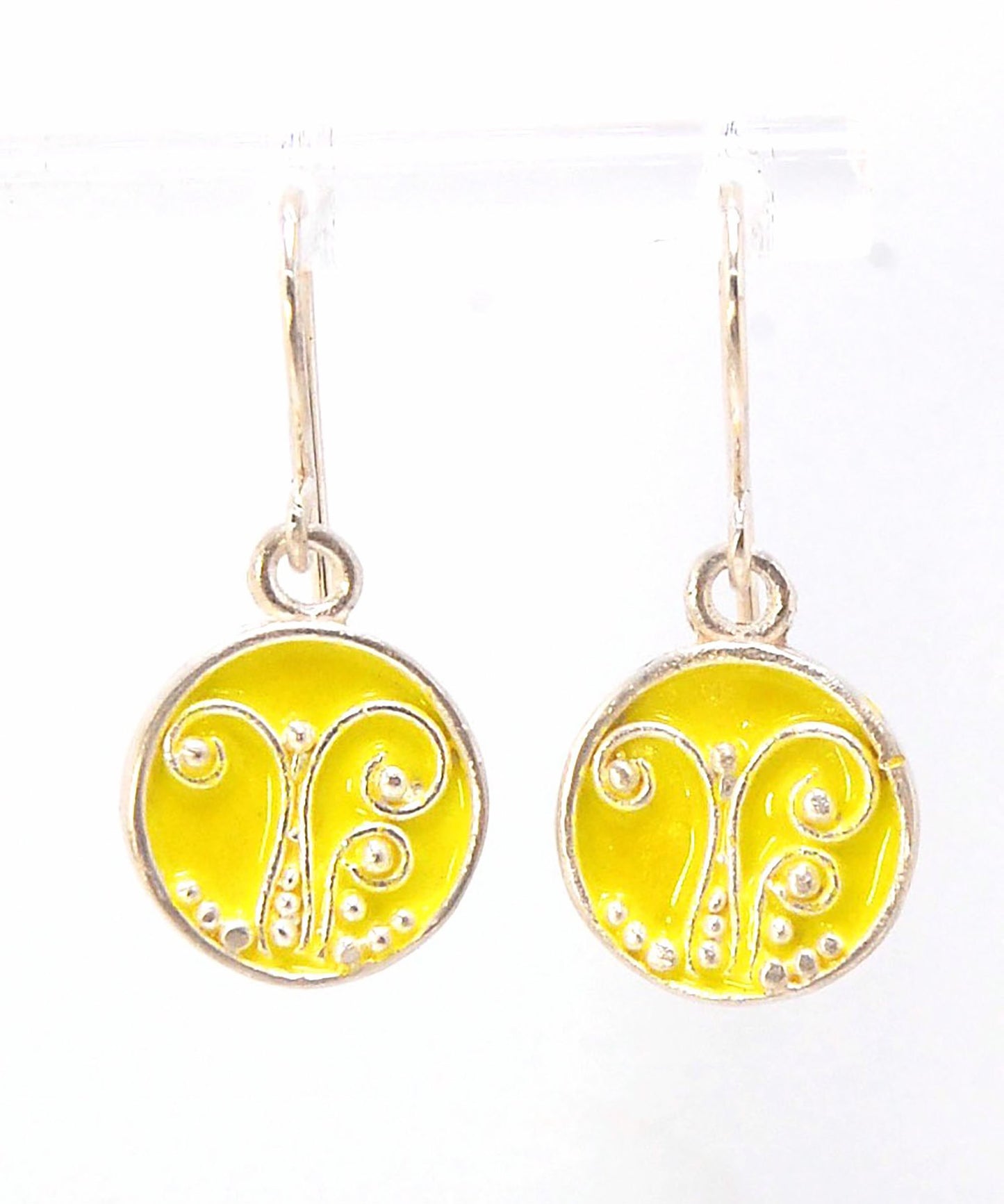 Daffodil Yellow Enameled Sterling Fern Circle Earrings - 12mm cast granulation,Enameled,Enameled earrings,fine silver granulation,silver,Yellow These small silver earrings are enameled in a bright pale yellow! These are cast from a wax mold of a granulate