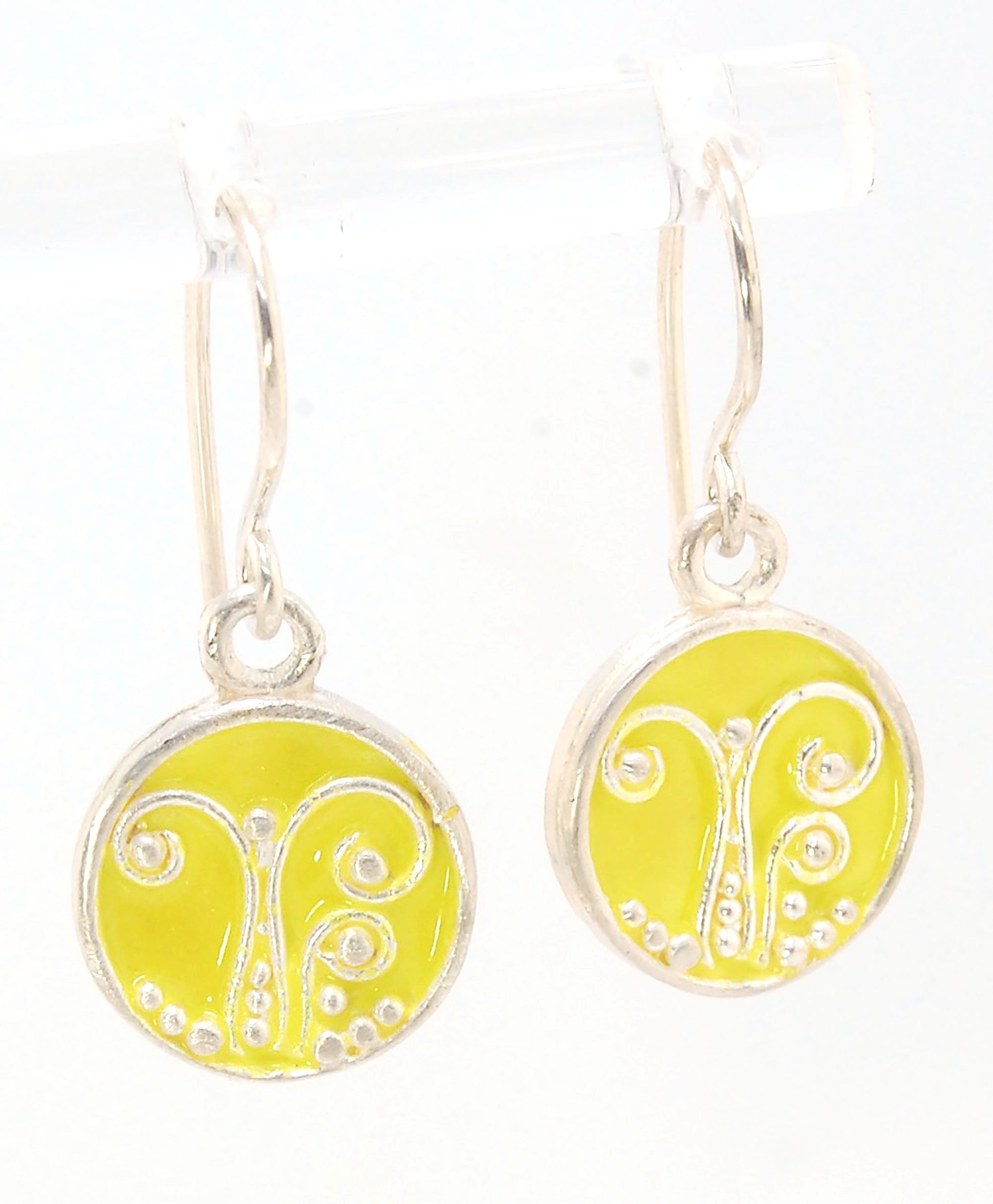 Daffodil Yellow Enameled Sterling Fern Circle Earrings - 12mm cast granulation,Enameled,Enameled earrings,fine silver granulation,silver,Yellow These small silver earrings are enameled in a bright pale yellow! These are cast from a wax mold of a granulate