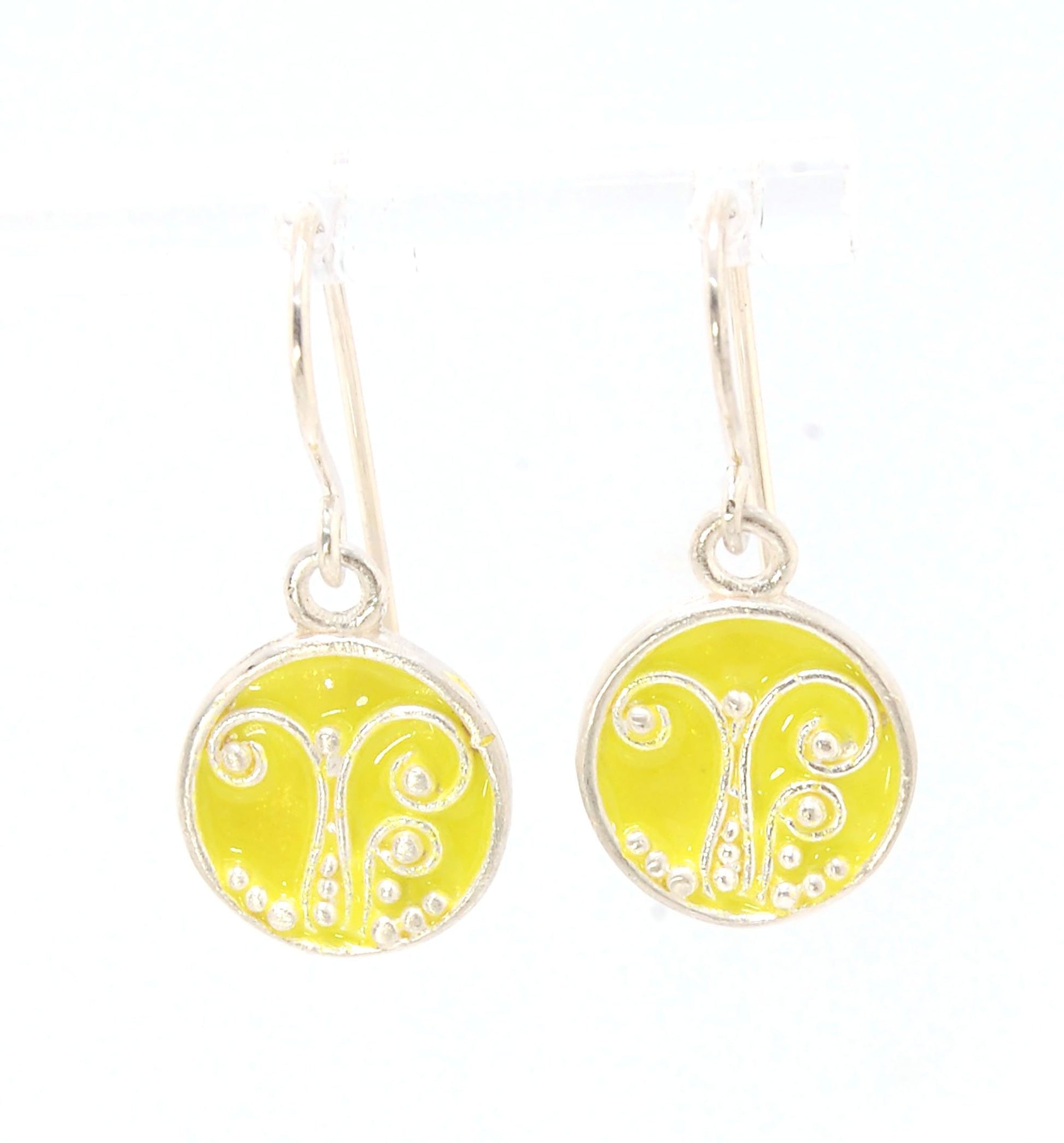 Daffodil Yellow Enameled Sterling Fern Circle Earrings - 12mm cast granulation,Enameled,Enameled earrings,fine silver granulation,silver,Yellow These small silver earrings are enameled in a bright pale yellow! These are cast from a wax mold of a granulate