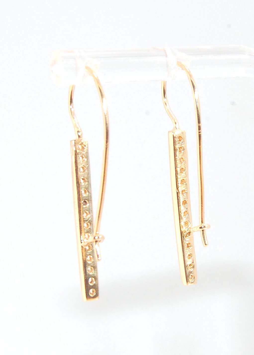 Long Diamond Earrings with french hook and clasp - 14k yellow gold These great little sparklers are subtle enough for every day as long as you don’t mind everyone noticing! They have 14 x 1.3mm colorless diamonds in a single pave row. Earrings have a fren